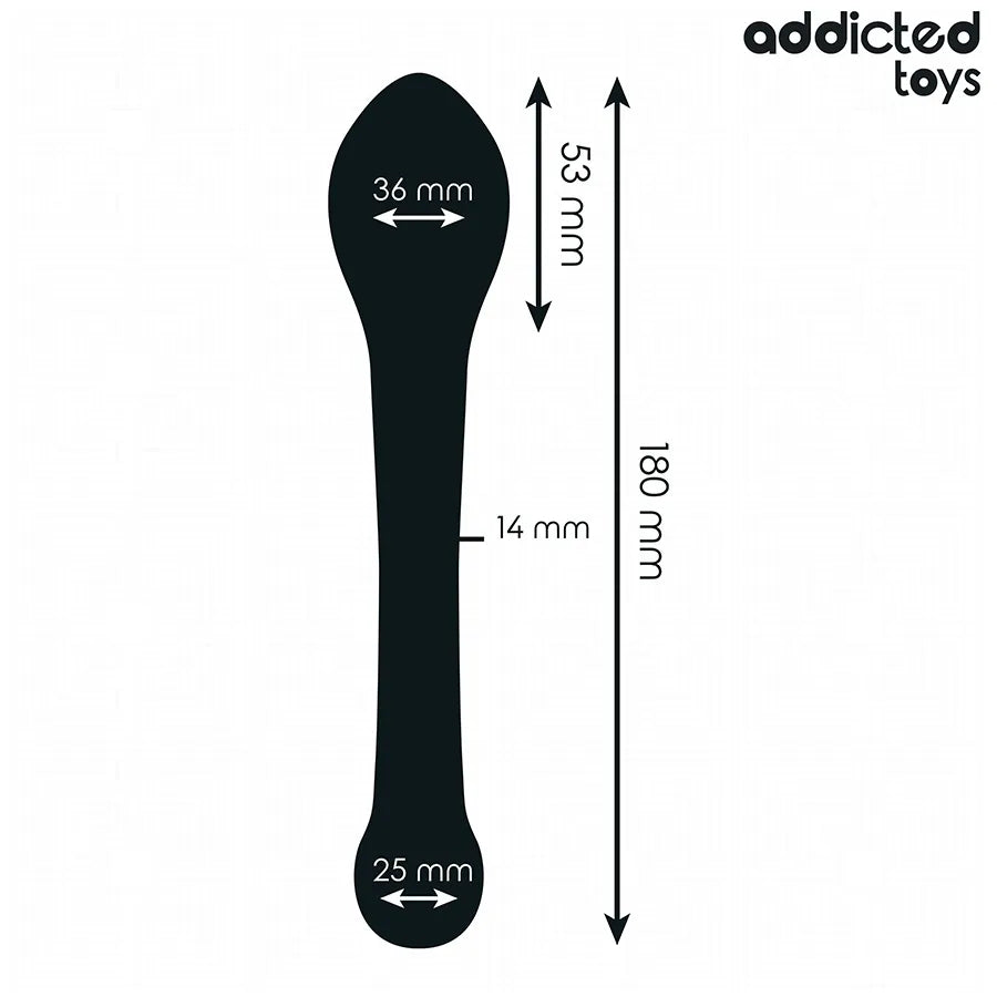 Stimulateur anal noir 18 cm Addicted Toys, forme courbée ergonomique, silicone médical, dimensions visibles.
