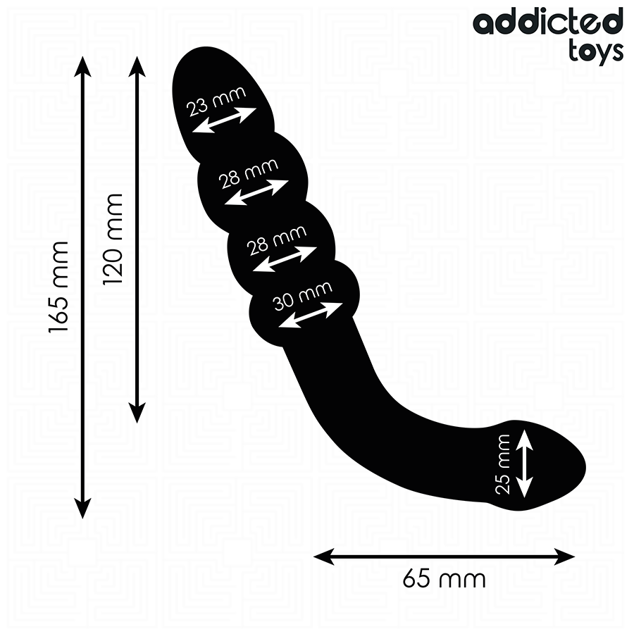 Masseur anal Addicted Toys noir, double extrémité, 16,5 cm, forme progressive, dimensions visibles, stimulation intense.