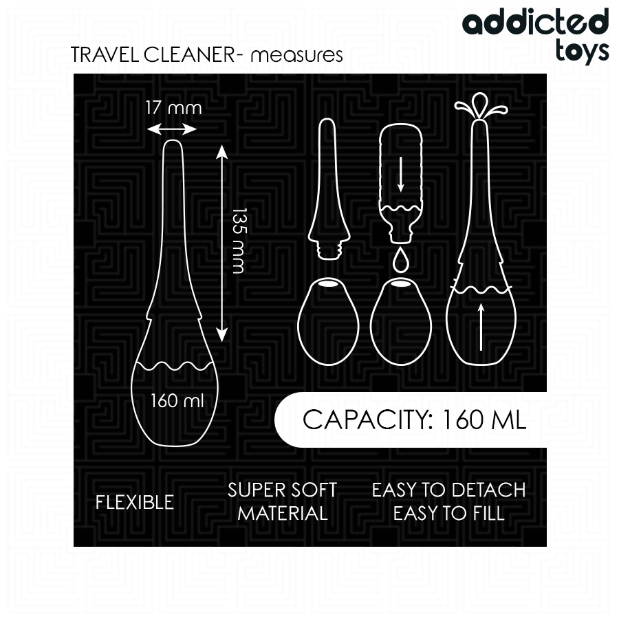 Nettoyeur de voyage Addicted Toys Model 3, noir, 230 mm, portable, hygiène jouets sexuels, facile à utiliser et transporter.