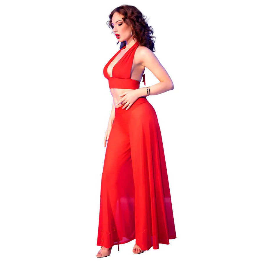 Ensemble rouge transparent Chilirose CR 4857, haut nouable et pantalon large, élégant et séduisant.