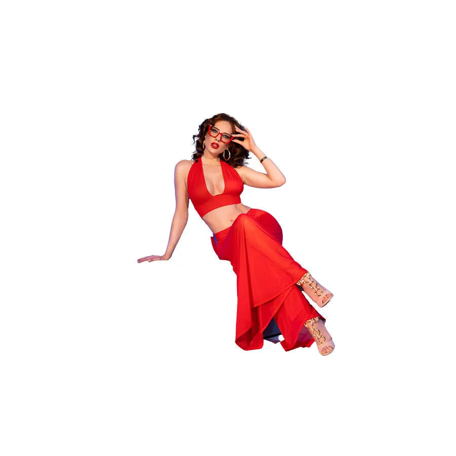 Ensemble rouge Chilirose CR 4857 avec haut nouable et pantalon large transparent, porté avec élégance et sensualité.