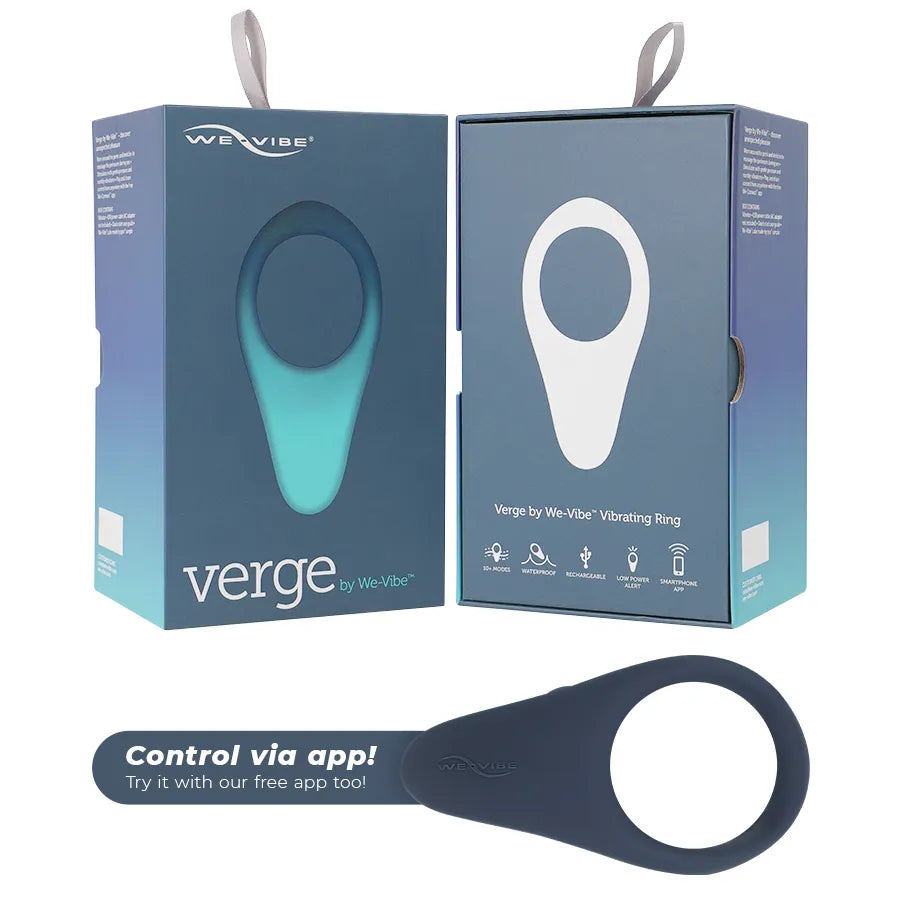 Anneau vibrant Verge bleu foncé, ergonomique, avec boîte We-Vibe, stimulation périnée, compatible application We-Connect.