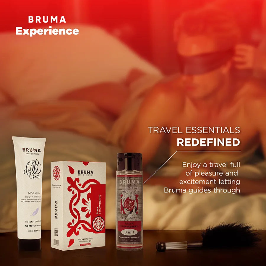 Coffret BRUMA XPERIENCE Fraise Douce avec gel stimulant, lubrifiant, huile de massage, plume noire et bandeau rouge.