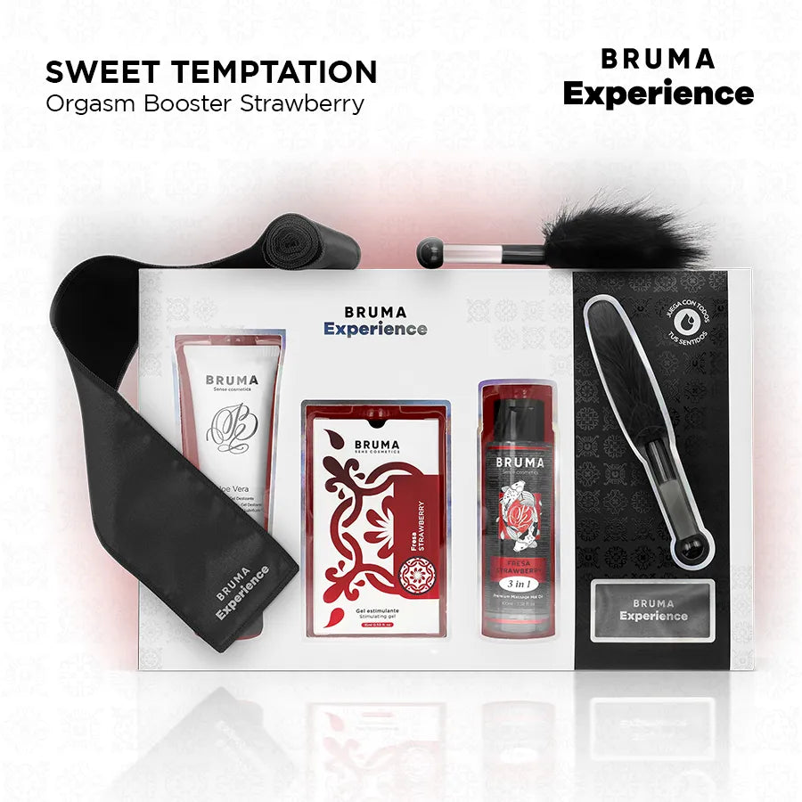 Coffret BRUMA XPERIENCE fraise: gel stimulant, lubrifiant, huile massage, plume, bandeau satin noir, design élégant.
