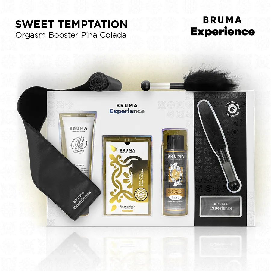Pack Bruma Xperience: lubrifiant, huile, plume noire, bandeau noir, design tropical, pour une expérience sensorielle.