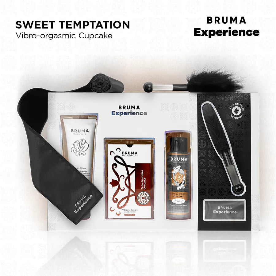 Coffret BRUMA XPERIENCE avec lubrifiant, huile, plume noire et bandeau, pour une expérience multisensorielle gourmande.