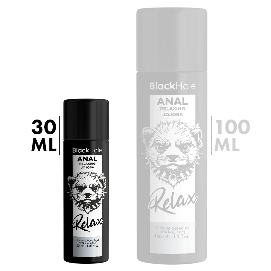 Gel anal Black Hole 30 ml, flacon noir avec étiquette relaxante, silicone, dilatation et confort pour relations anales.