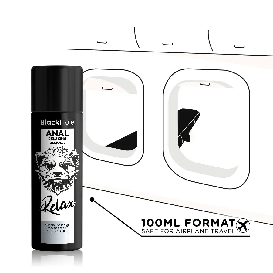 Flacon noir de gel lubrifiant anal Black Hole 30ml, base silicone, pour dilatation et relaxation, fond blanc.