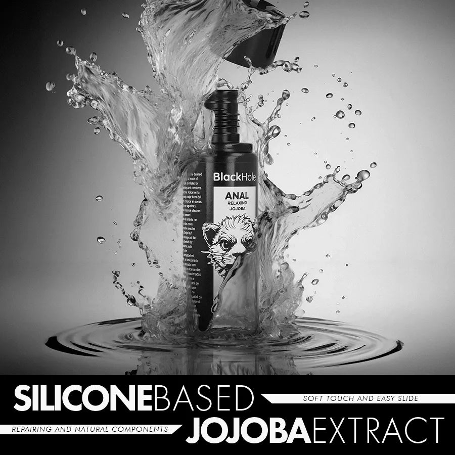 Flacon de gel dilatateur anal Black Hole 30 ml, base silicone, design noir avec éclaboussures, idéal pour débutants et exp...