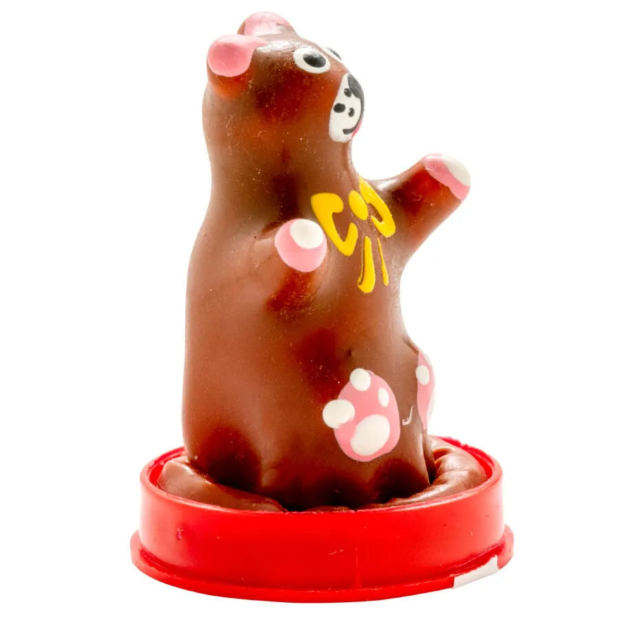 Préservatif fantaisie peint à la main, forme d'ours en peluche marron avec détails roses, style bohème d'Amsterdam.
