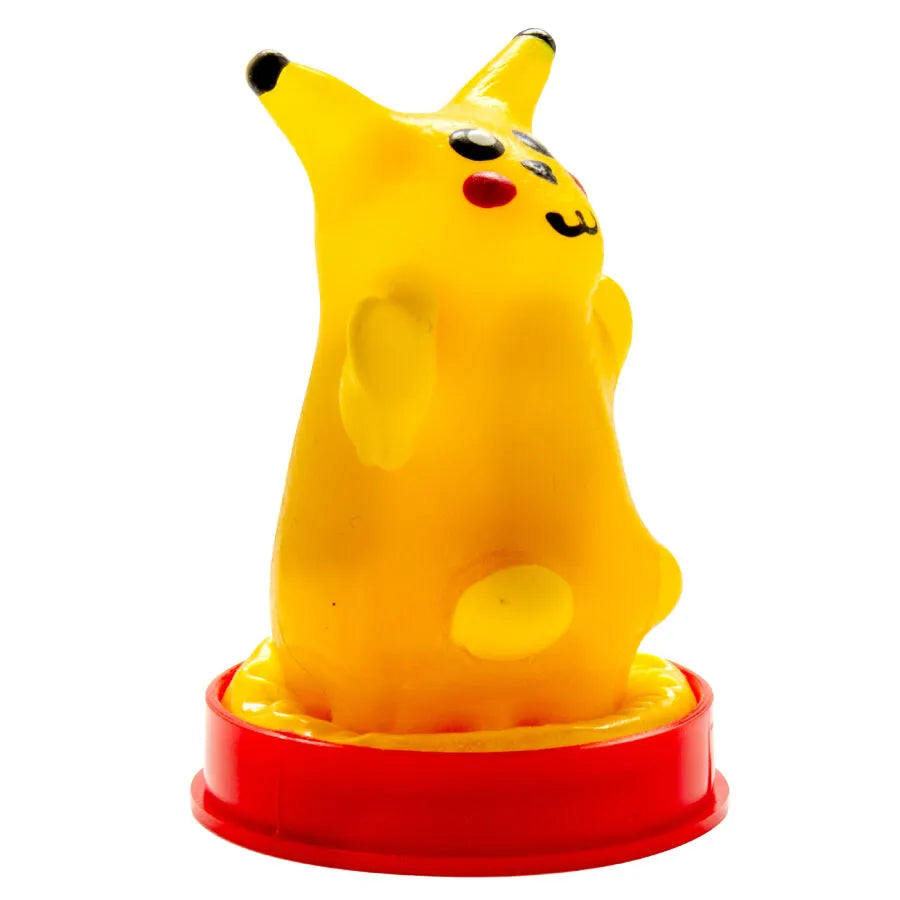 Préservatif fantaisie jaune peint à la main, forme de souris, style bohème, sur socle rouge, unique et artisanal.
