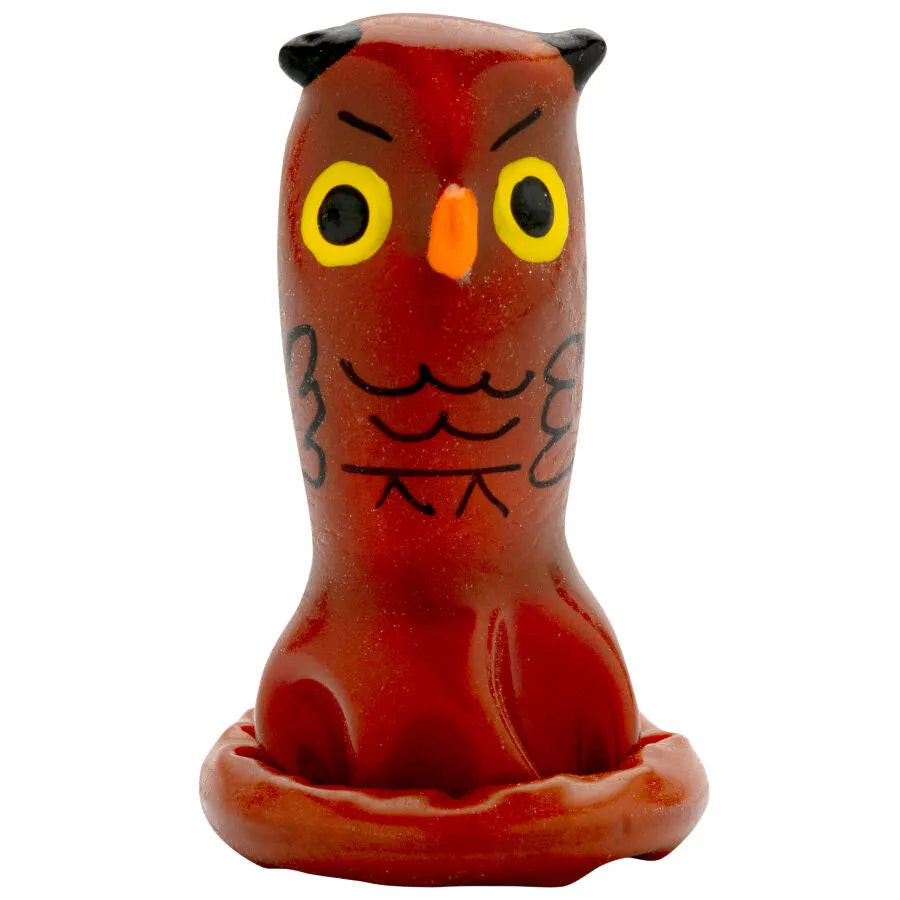 Préservatif fantaisie hibou peint à la main, couleurs vives, style bohème, artisanat unique d'Amsterdam.