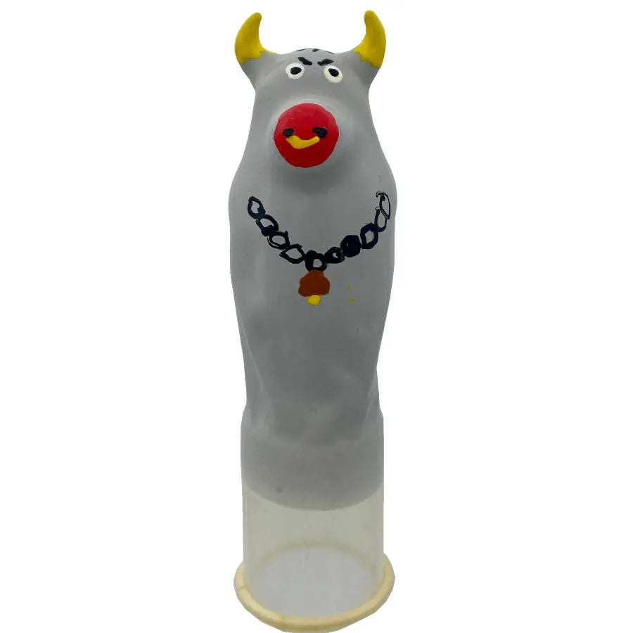 Préservatif fantaisie peint à la main, motif taureau gris avec cornes jaunes, style bohème, cadeau unique et artistique.