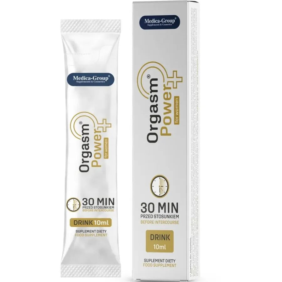 Boisson Orgasm Power 10ml pour femmes, sachet blanc et boîte, amélioration intime, ingrédients naturels, Medica Group.