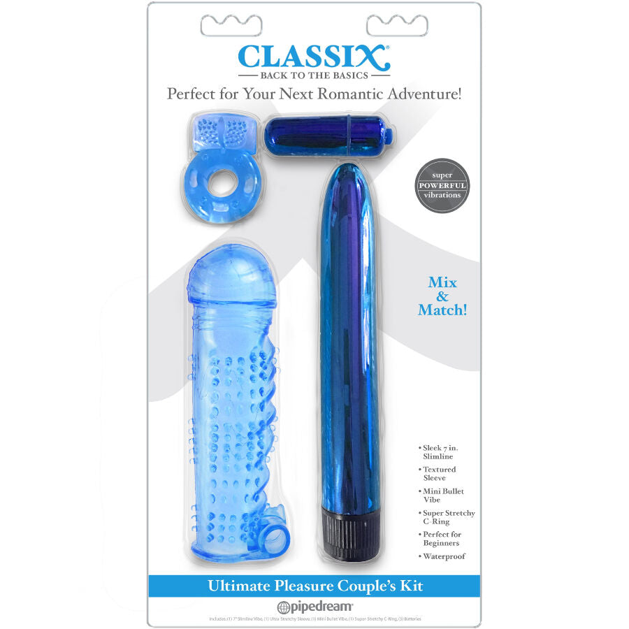 Kit Classix bleu avec vibromasseur, gaine texturée, anneau en C et bullet, pour plaisir ultime des couples.