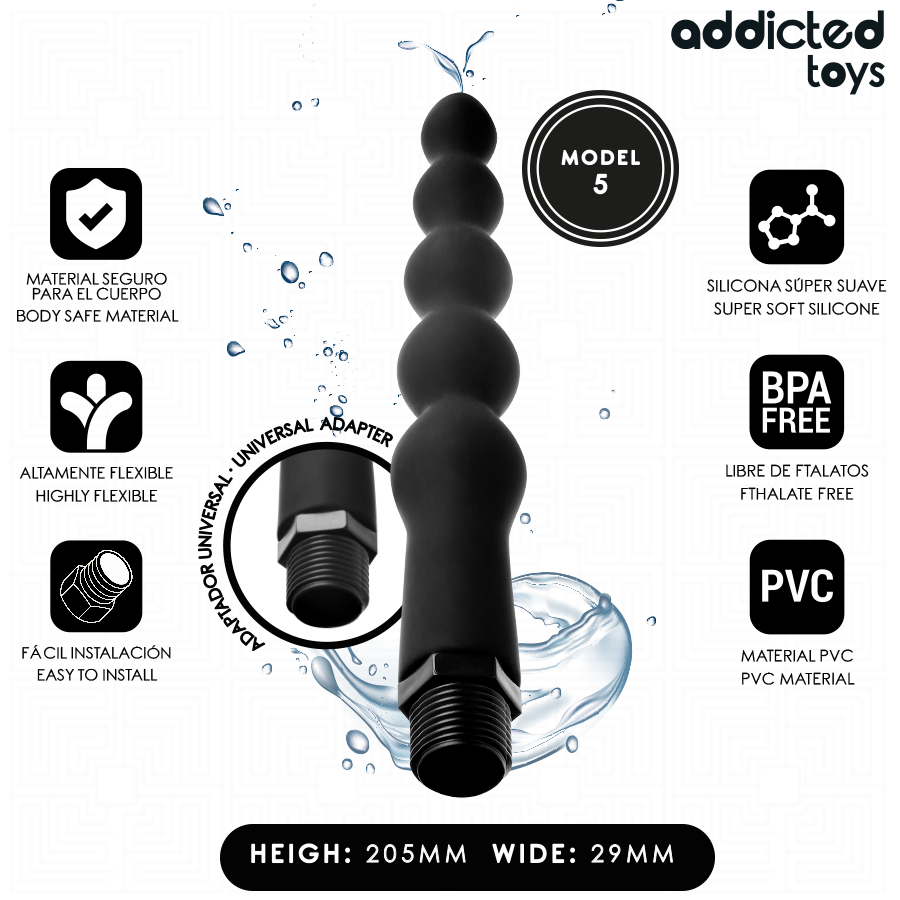 Nettoyeur anal Addicted Toys Modèle 5, noir, forme perlée, PVC souple, adaptateur universel, hygiène intime efficace.