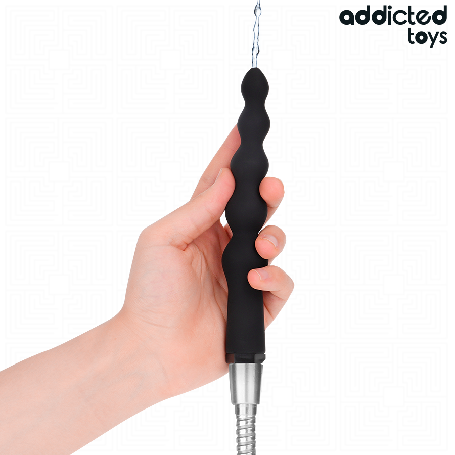 Nettoyeur anal noir Addicted Toys Modèle 5, forme ondulée, avec adaptateur universel, pour hygiène intime efficace.