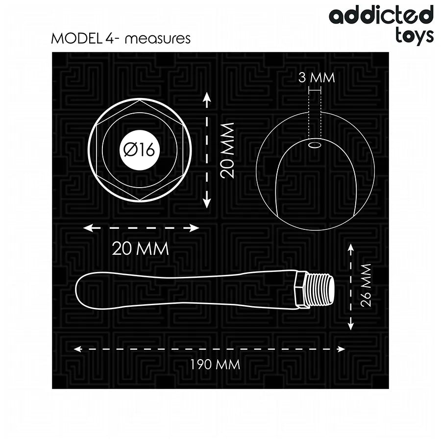 Nettoyeur anal Addicted Toys Modèle 4, PVC souple, noir, design ergonomique, dimensions détaillées, hygiène intime.