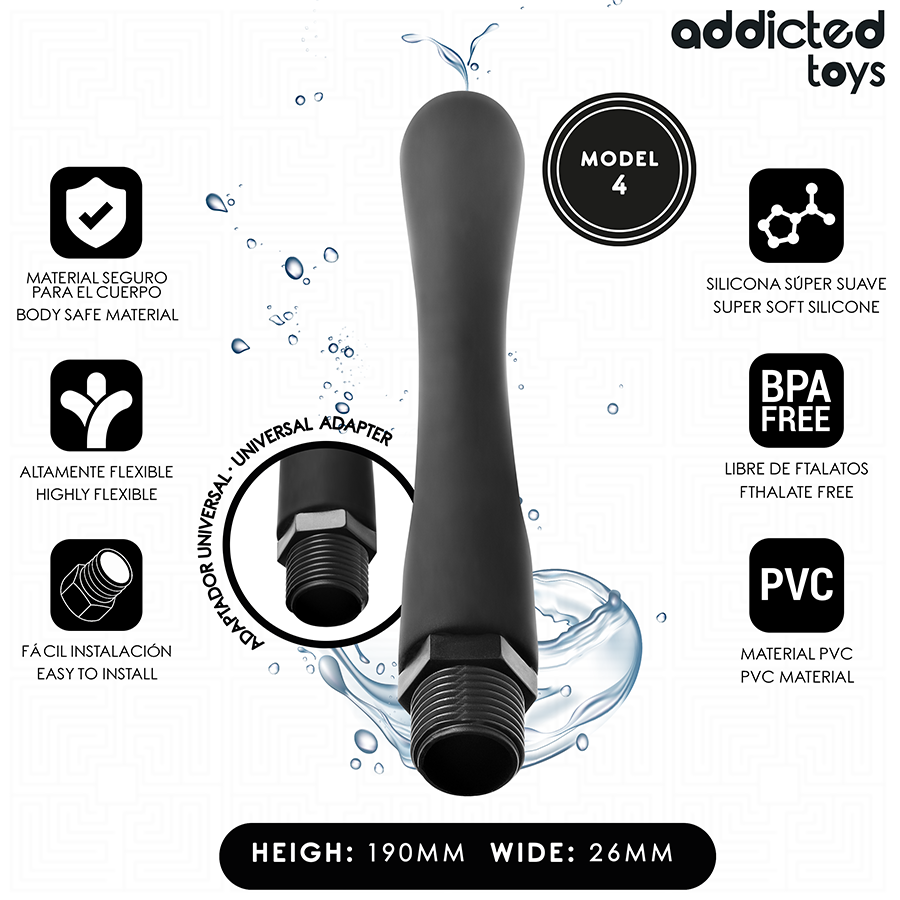 Nettoyeur anal noir Addicted Toys Modèle 4, forme ergonomique, PVC souple, adaptateur universel, hygiène intime.