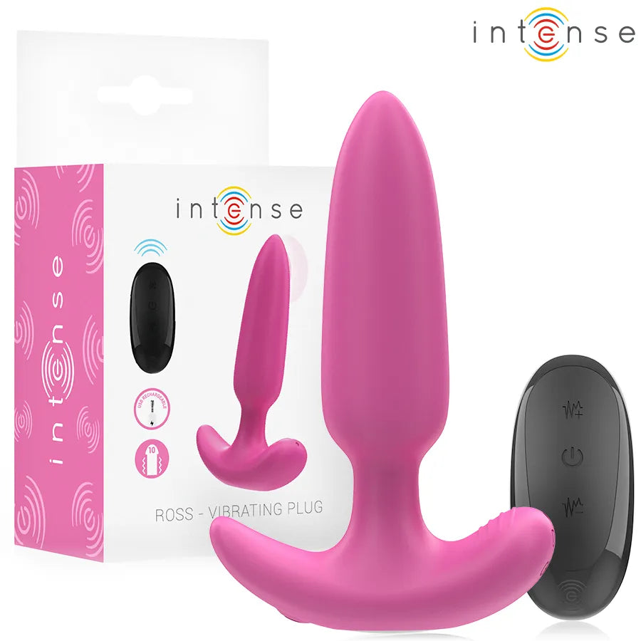 Plug anal vibrant Ross de Intense, 10 vibrations, design rose, télécommande, silicone hypoallergénique, pour femmes et couples