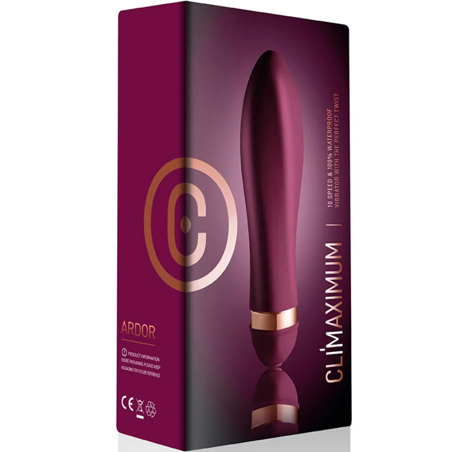 Vibrateur Climaximum Twisted Ardor, couleur bordeaux, design ergonomique, 10 vitesses, étanche IPX7, silicone/ABS.