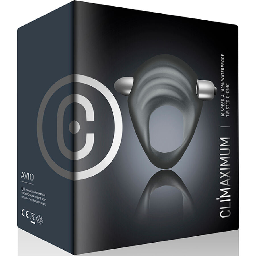 Anneau pénien vibrant noir Avio avec nodules sensoriels, balle amovible, étanche IPX7, sur fond d'emballage Climaximum.