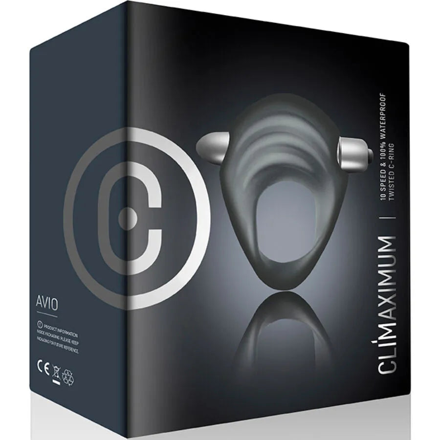 Anneau pénien vibrant Climaximum Avio en silicone ondulé noir, design ergonomique, 10 vitesses, étanche IPX7.