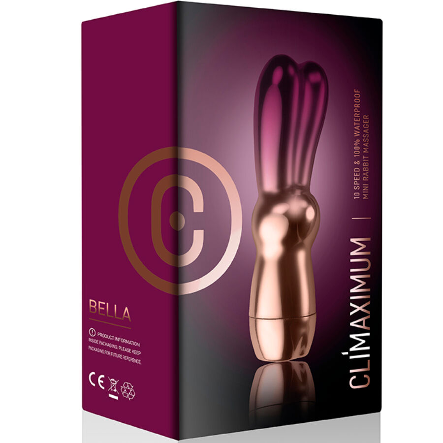 Vibrateur Bullet Bella Bunny rose et or, forme ergonomique, 10 vitesses, étanche IPX7, en silicone et plastique ABS.