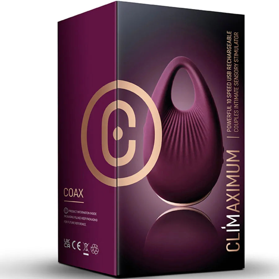 Vibrateur de doigt Climaximum Coax, violet, ergonomique, sur boîte élégante, pour moments intimes et sensuels en couple.