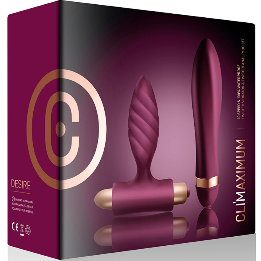 Vibrateur torsadé et plug anal en silicone violet, kit Climaximum Desire, étanche IPX7, 10 vitesses, piles incluses.