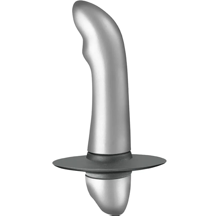 Plug anal ergonomique argenté avec anneau vibrant noir, conçu pour stimulation prostate et G-spot, idéal débutants.