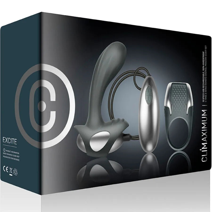 Anneau pénien noir et masseur prostate gris avec télécommande, silicone imperméable, 10 vitesses, emballage Climaximum.