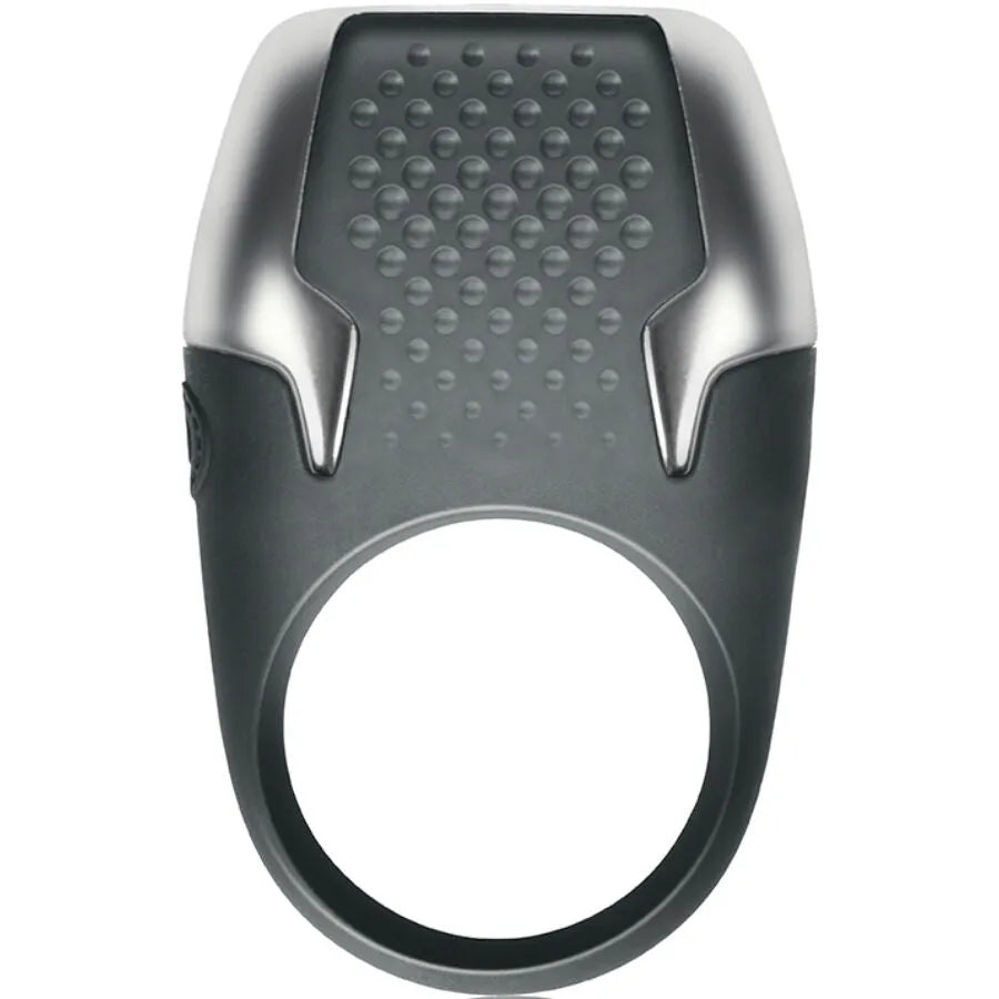 Anneau pénien noir et argent avec texture en relief, conçu pour stimulation et plaisir, compatible avec masseur de prostate.