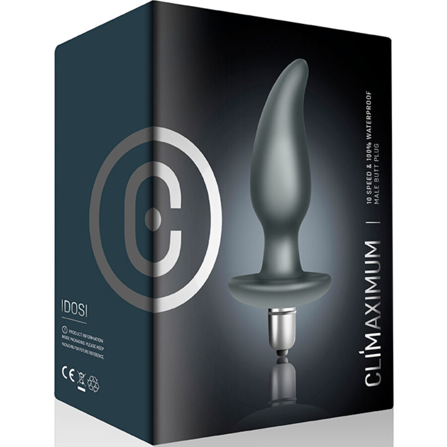 Plug anal vibrant Climaximum Idosi, noir, forme effilée, base évasée, étanche IPX7, stimulation prostate.