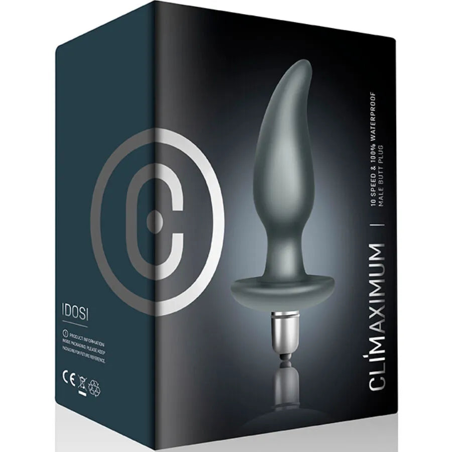 Plug anal vibrant Climaximum Idosi, noir, forme effilée, base évasée, étanche IPX7, stimulation prostate.