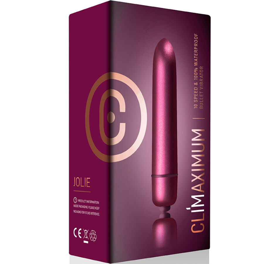 Vibromasseur bullet Climaximum rose, design discret, 10 vitesses, étanche IPX7, stimulation précise, pile AAA incluse.