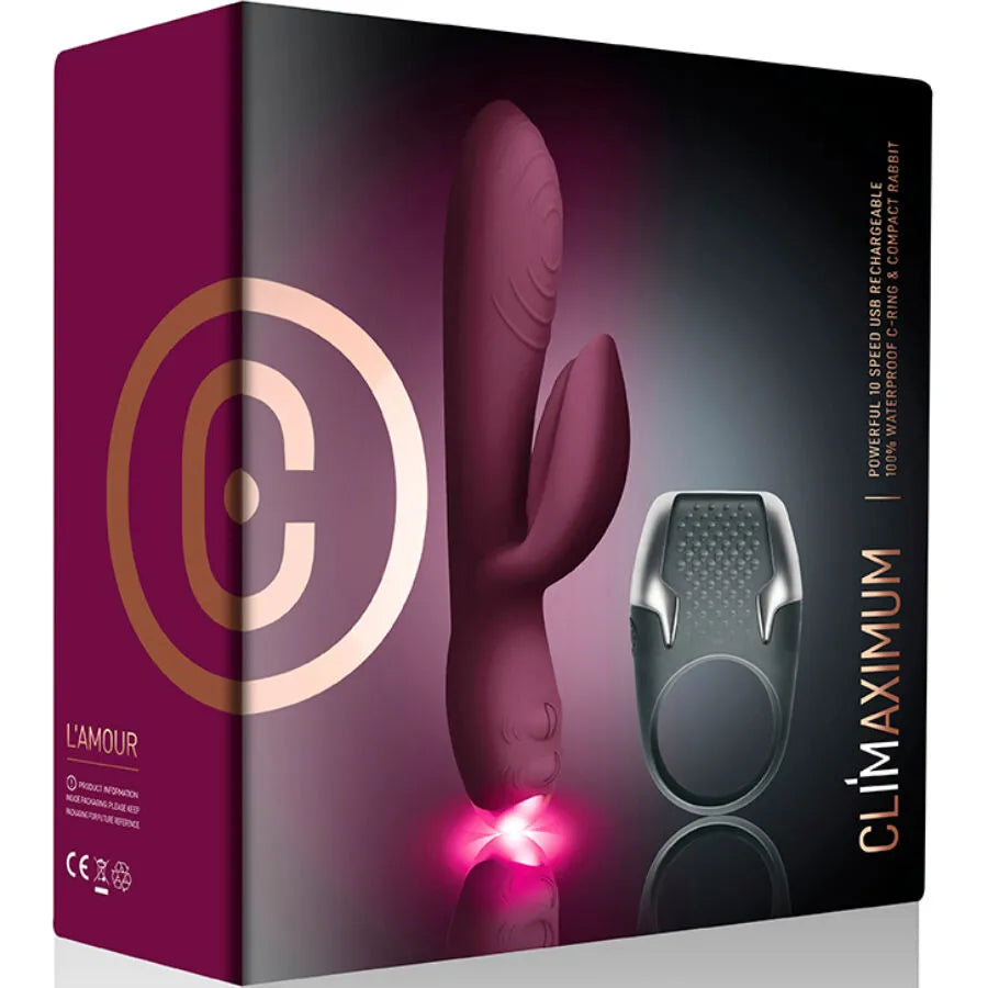 Vibrateur rabbit rose et anneau pénitensif noir avec LED, kit Climaximum, étanche, 10 vitesses, silicone et ABS.