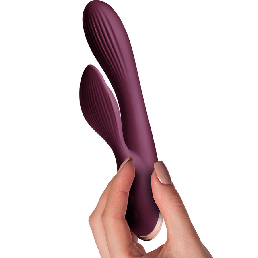 Vibrateur Lyanna Rabbit violet, double moteur, tige courbée, stimulation clitoridienne et point G, étanche IPX7.