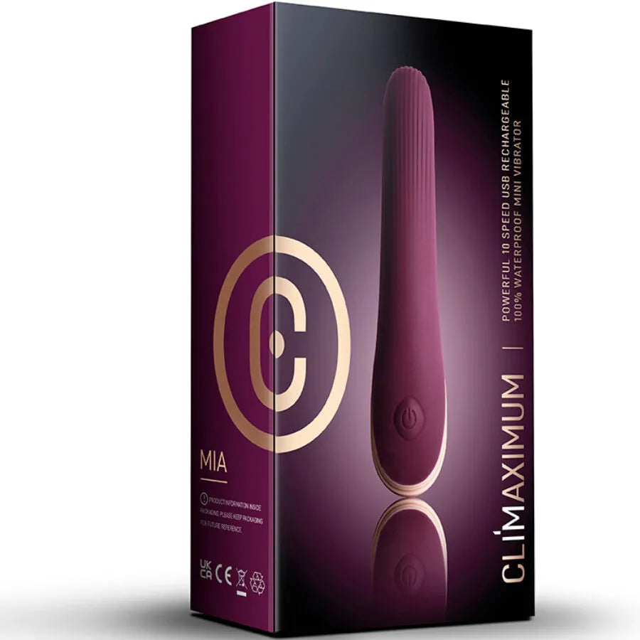 Vibrateur Climaximum Mia violet, design épuré, silicone doux, 10 vitesses, étanche IPX7, stimulation précise.