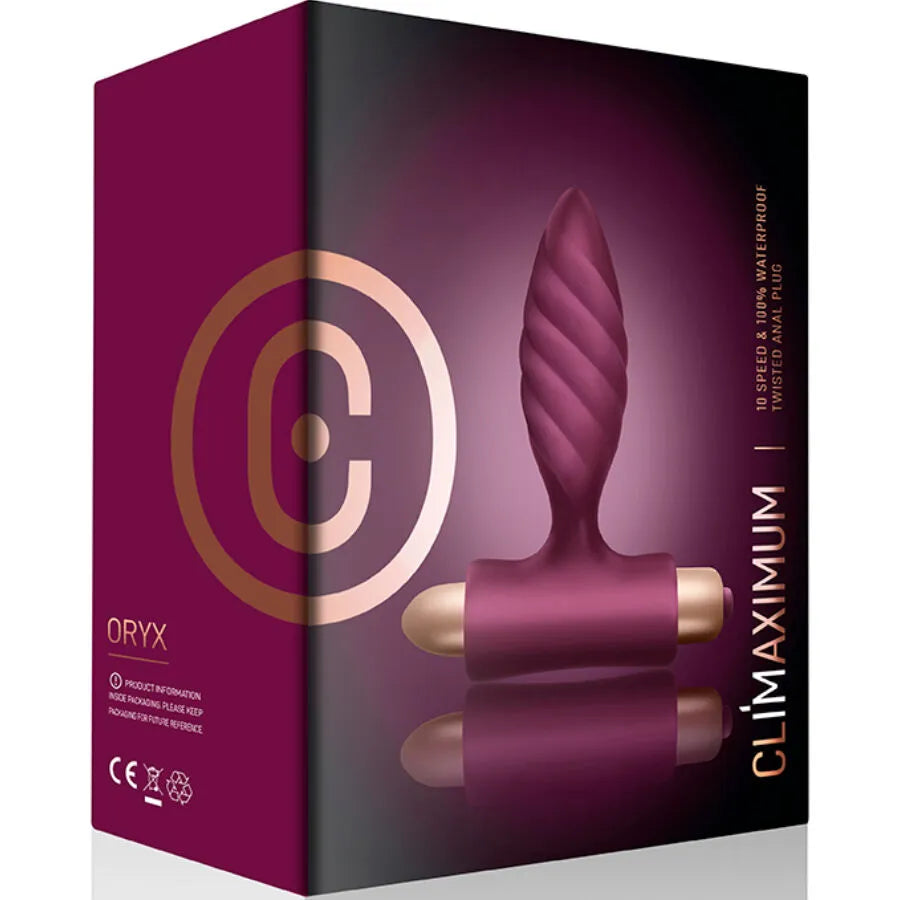 Plug anal torsadé Climaximum Oryx en silicone médical violet, base en T, 10 vibrations, emballage élégant.