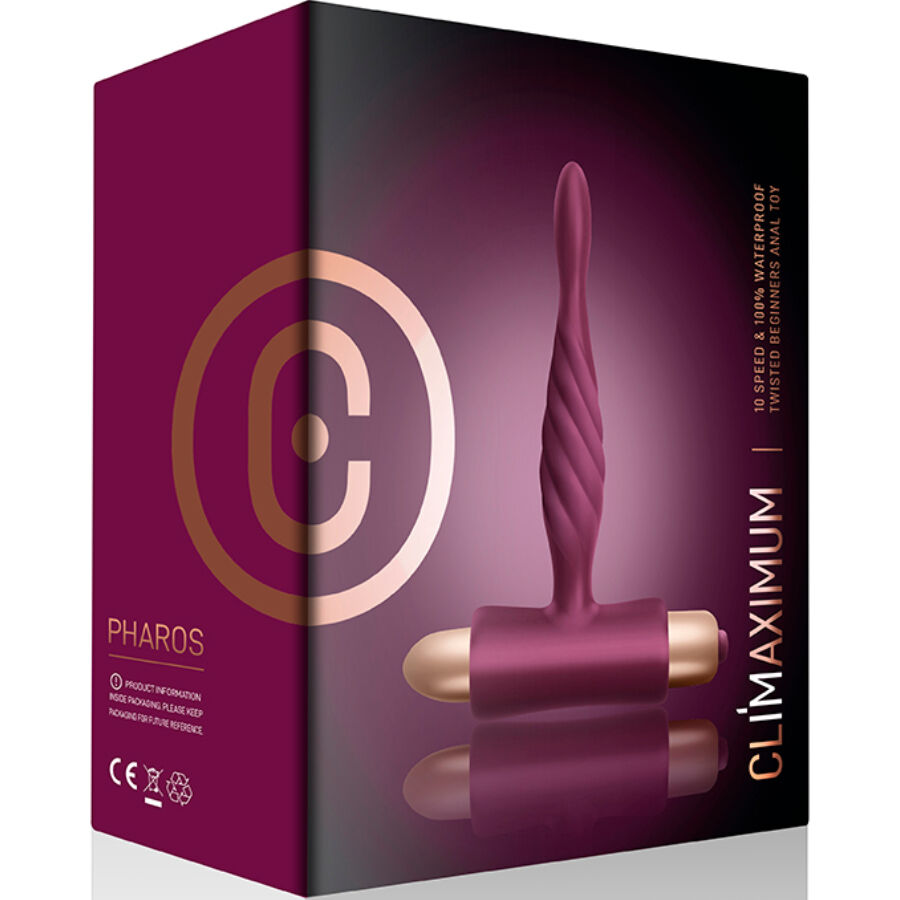 Plug anal Pharos pour débutants, couleur bordeaux, embout spiralé, base en T, 10 vitesses, silicone doux.