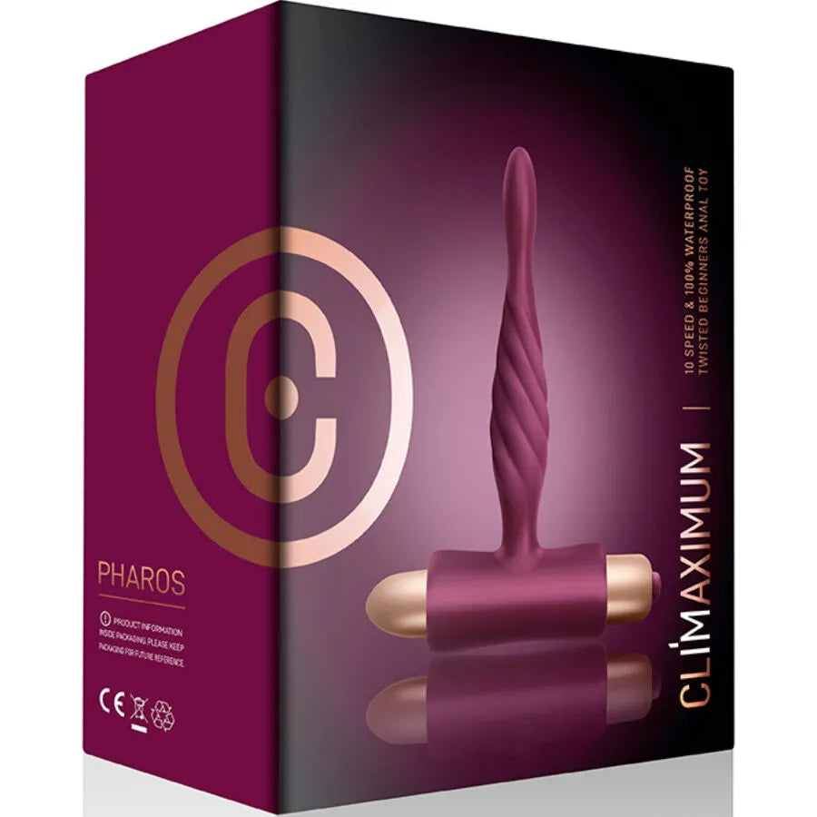 Plug anal Pharos pour débutants, couleur bordeaux, embout spiralé, base en T, 10 vitesses, silicone doux.