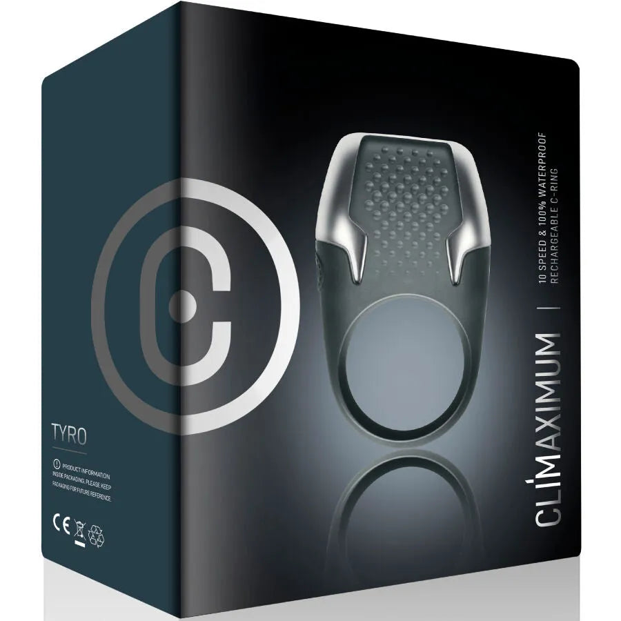 Anneau pénitentiaire Climaximum Tyro noir, design élégant, silicone médical, 10 vitesses, étanche IPX7, boîte incluse.