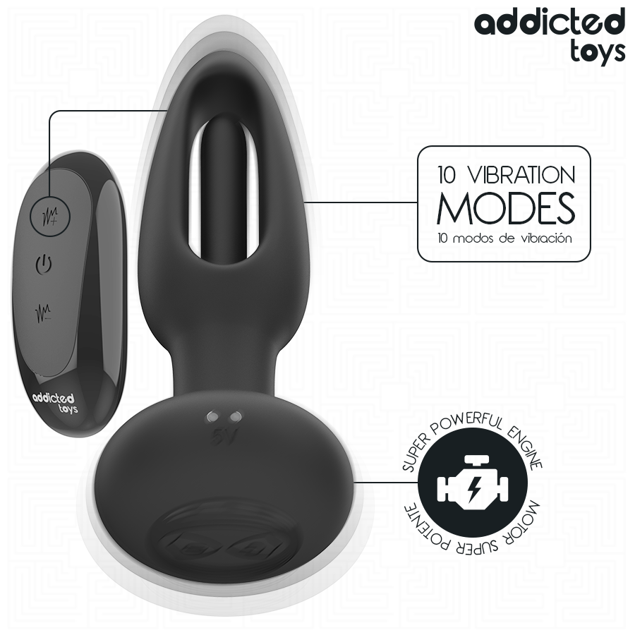 Plug anal noir Addicted Toys avec langue vibrante, télécommande sans fil, 10 modes de vibration, design ergonomique.