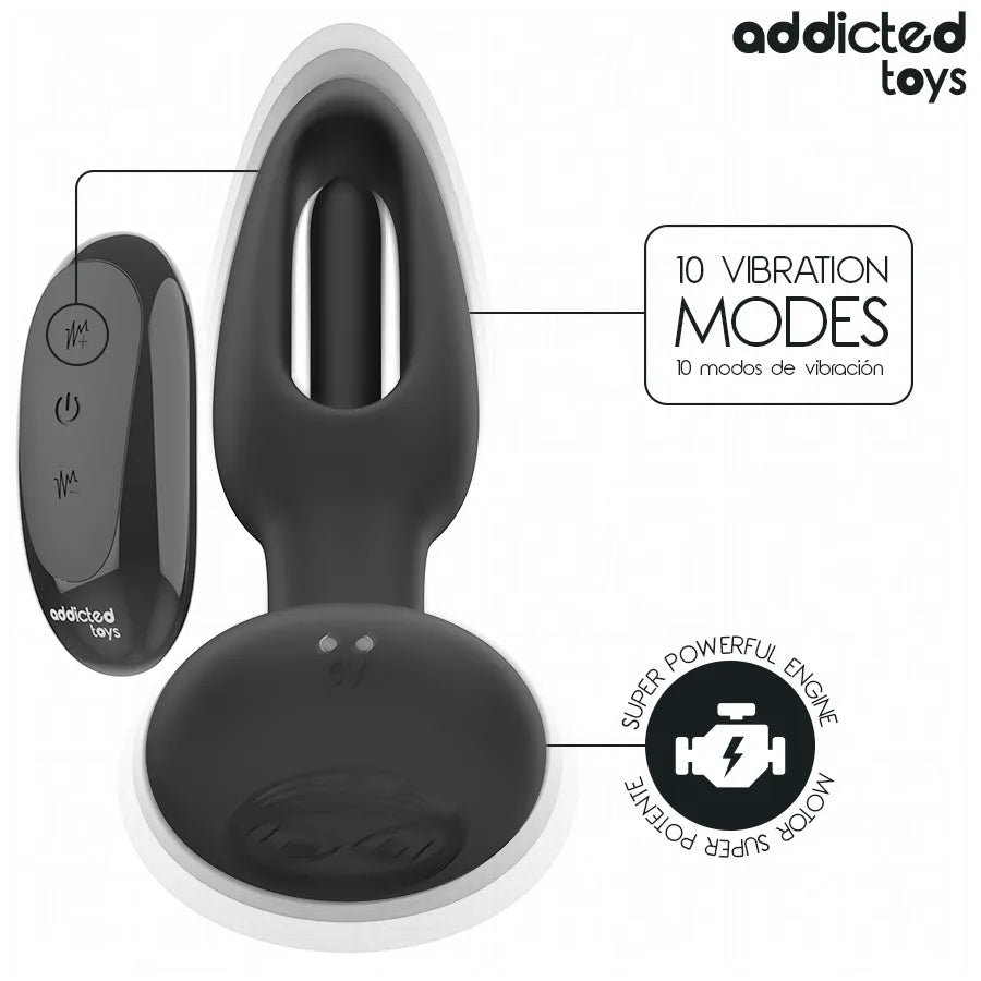 Plug anal noir Addicted Toys avec langue vibrante, télécommande sans fil, 10 modes de vibration, design ergonomique.