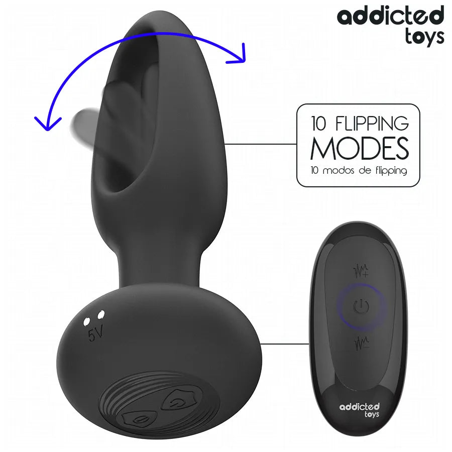 Plug anal noir Addicted Toys avec langue vibrante et télécommande, 10 modes de vibration, design ergonomique.