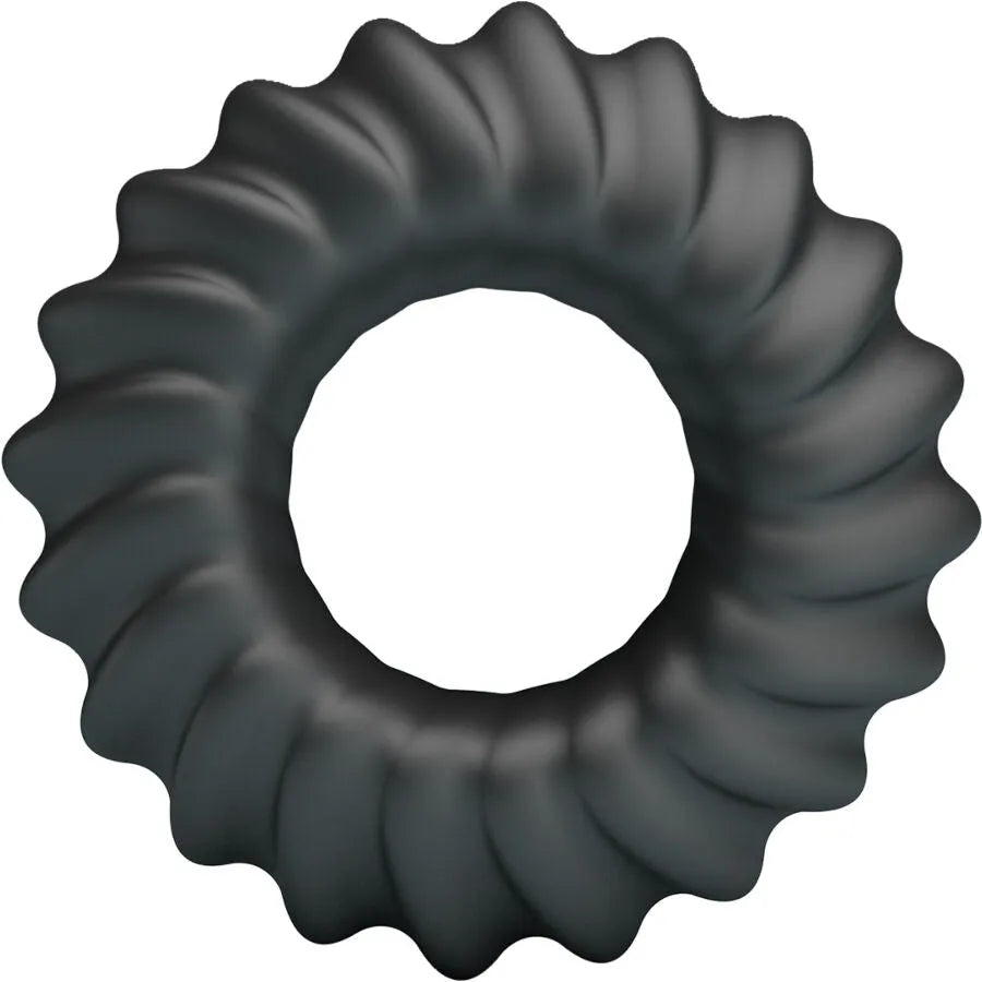 Bague en silicone noire Crazy Bull Fitz Modèle 8, texture ondulée, stimulation intense, confort maximal.