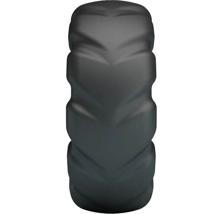 Anneau pénien noir texturé en silicone, design circulaire ondulé, hypoallergénique pour confort et durabilité.