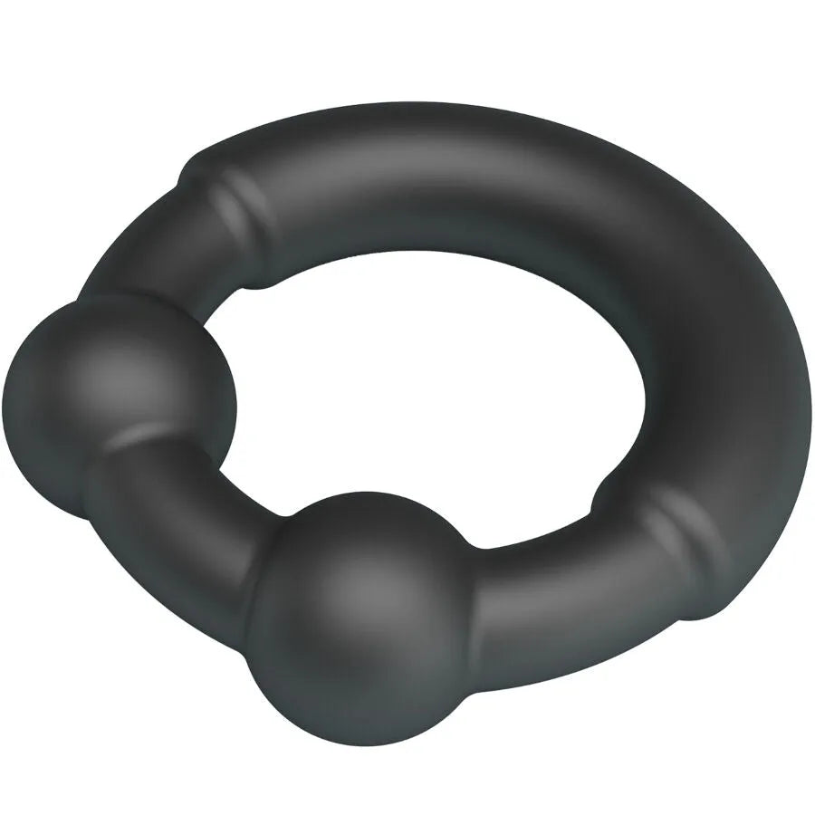 Cockring Crazy Bull Meco 15 en silicone noir, design ergonomique avec deux sphères, pour confort et stimulation optimale.