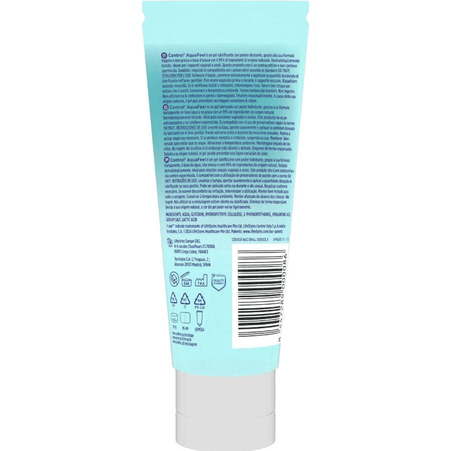 Tube bleu de lubrifiant Aquafeel 80 ml, texte en français, acide hyaluronique, ingrédients naturels, hydratant.